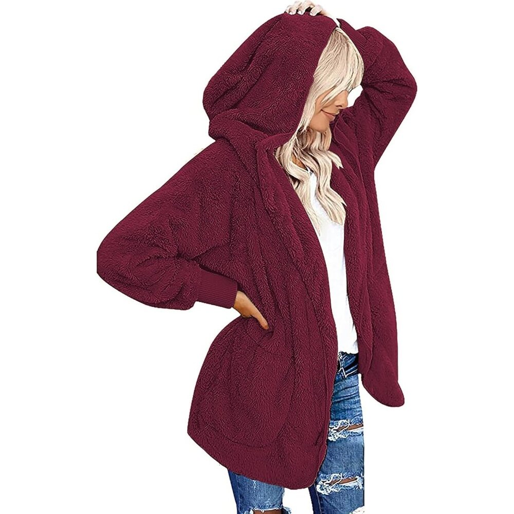 Women's Burgundy Open Front Sherpa Vest Jacket Coat Hooded Fleece Fuzzy Sweater